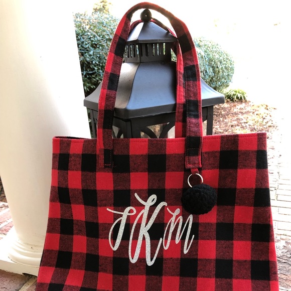 Monogram Red & black buffalo check purse, tote bag - Picture 2 of 8
